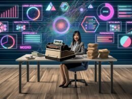 Arbeitsplatz eines modernen Marketers mit mehreren Monitoren, digitalen Analyse-Tools und kreativen Inhalten, kontrastiert von einem alten Faxgerät mit Spinnweben und moderner Personaliserungstechnologie.