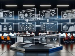 Dynamische Illustration eines mehrstufigen Ad Performance Workflows auf transparenten Dashboards mit Datenströmen, Diagrammen, Heatmaps und Online-Marketing-Team im modernen War Room.
