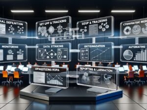 Dynamische Illustration eines mehrstufigen Ad Performance Workflows auf transparenten Dashboards mit Datenströmen, Diagrammen, Heatmaps und Online-Marketing-Team im modernen War Room.
