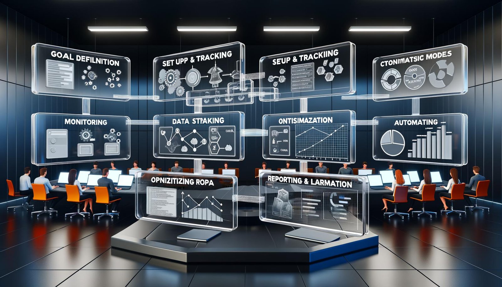 Dynamische Illustration eines mehrstufigen Ad Performance Workflows auf transparenten Dashboards mit Datenströmen, Diagrammen, Heatmaps und Online-Marketing-Team im modernen War Room.