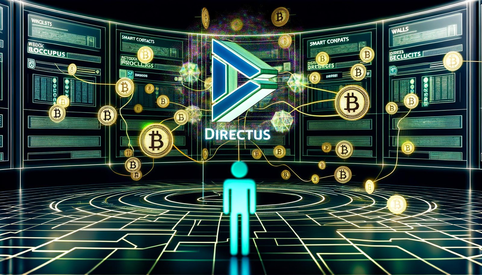 Futuristischer Kontrollraum mit leuchtendem Directus CMS, Web3-Blöcken, NFTs, IPFS-Symbolen und einem visionären Entwickler im Zentrum.