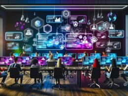 Futuristischer Arbeitsraum mit diversen Fachkräften, digitalen Interfaces und Personalisierungs-Features in einer modernen Marketing-Umgebung.