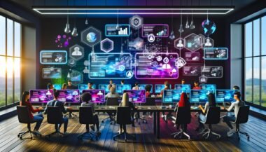 Futuristischer Arbeitsraum mit diversen Fachkräften, digitalen Interfaces und Personalisierungs-Features in einer modernen Marketing-Umgebung.