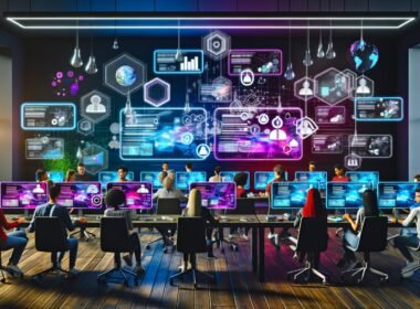 Futuristischer Arbeitsraum mit diversen Fachkräften, digitalen Interfaces und Personalisierungs-Features in einer modernen Marketing-Umgebung.