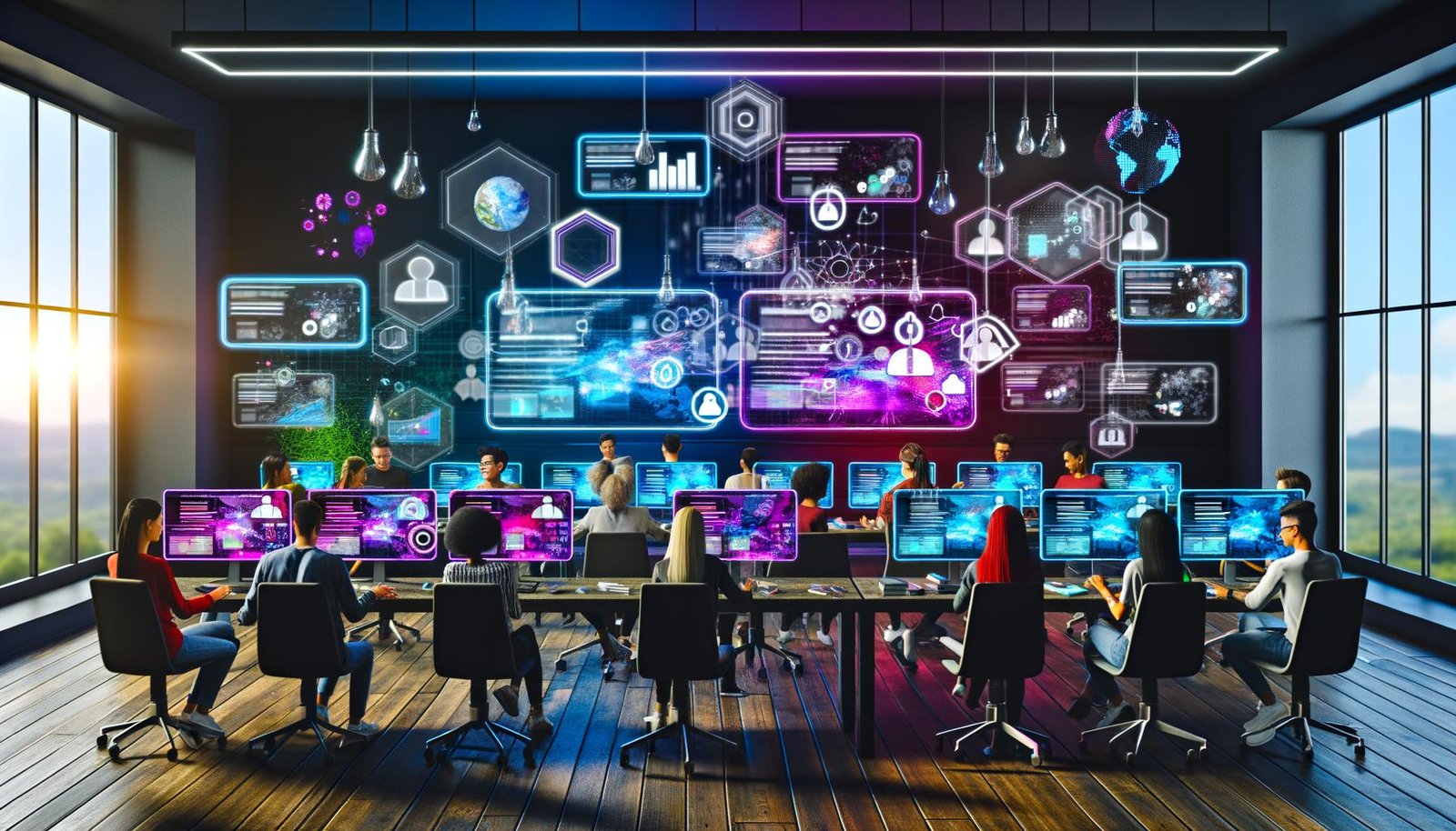 Futuristischer Arbeitsraum mit diversen Fachkräften, digitalen Interfaces und Personalisierungs-Features in einer modernen Marketing-Umgebung.