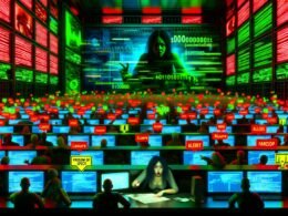 Neonbeleuchteter Kontrollraum mit Monitoren, auf denen Social-Media-Posts auftauchen und gelöscht werden. Algorithmen- und Paragraphensymbole, gehetzte Menschen, Warnschilder zur Meinungsfreiheit. Bedrohliche Schatten von Tech-Konzernen und deutscher Justiz im Hintergrund.