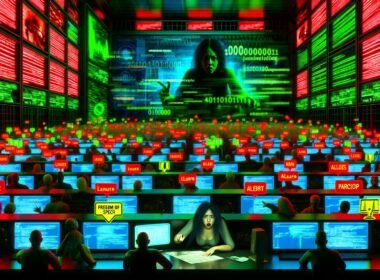 Neonbeleuchteter Kontrollraum mit Monitoren, auf denen Social-Media-Posts auftauchen und gelöscht werden. Algorithmen- und Paragraphensymbole, gehetzte Menschen, Warnschilder zur Meinungsfreiheit. Bedrohliche Schatten von Tech-Konzernen und deutscher Justiz im Hintergrund.