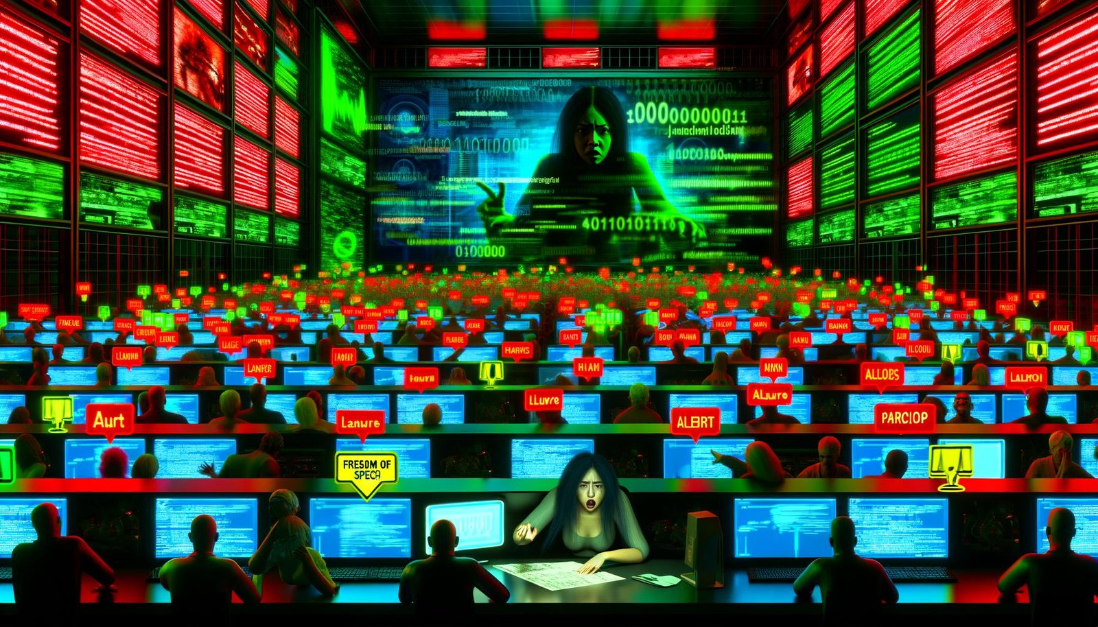 Neonbeleuchteter Kontrollraum mit Monitoren, auf denen Social-Media-Posts auftauchen und gelöscht werden. Algorithmen- und Paragraphensymbole, gehetzte Menschen, Warnschilder zur Meinungsfreiheit. Bedrohliche Schatten von Tech-Konzernen und deutscher Justiz im Hintergrund.