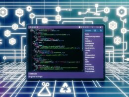 Digitaler Arbeitsplatz mit Code-Editor für Eleventy-Workflows und CI/CD-Konfiguration, umgeben von Symbolen für automatisierte Tools wie GitHub Actions, Netlify, Vercel, npm und Slack.