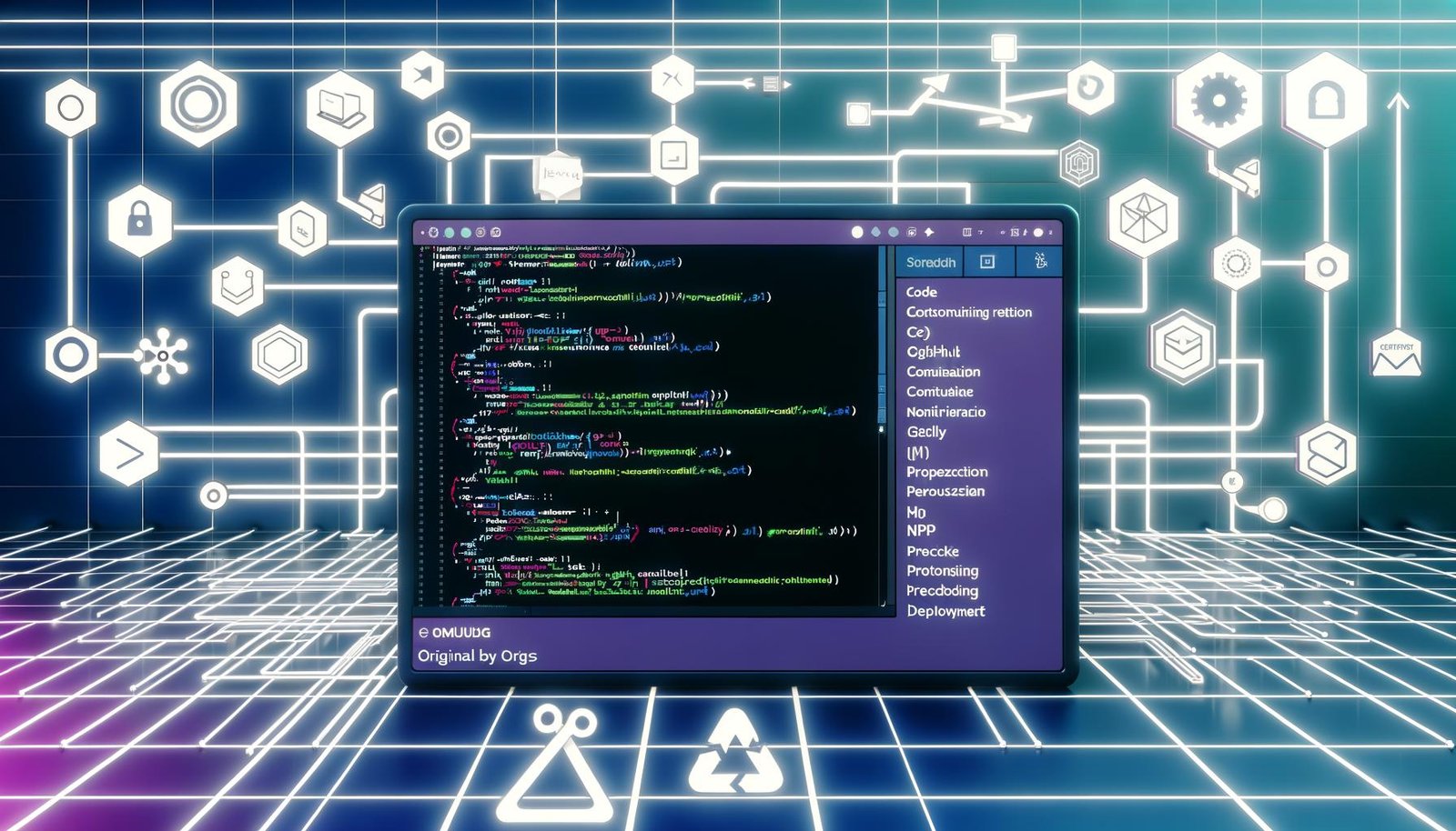 Digitaler Arbeitsplatz mit Code-Editor für Eleventy-Workflows und CI/CD-Konfiguration, umgeben von Symbolen für automatisierte Tools wie GitHub Actions, Netlify, Vercel, npm und Slack.