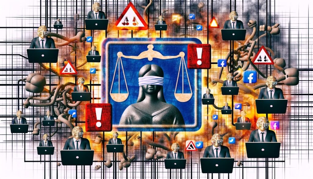 Komplexe kritische Collage: großes NetzDG-Logo im Zentrum, umgeben von Justitia mit Augenbinde, Kabeln, verwirrten Laptop-Nutzern, Kommentarfeldern, Social-Media-Silhouetten und Warnsymbolen – symbolisiert digitales Chaos und Unsicherheit.