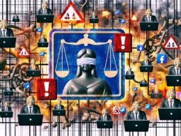 Komplexe kritische Collage: großes NetzDG-Logo im Zentrum, umgeben von Justitia mit Augenbinde, Kabeln, verwirrten Laptop-Nutzern, Kommentarfeldern, Social-Media-Silhouetten und Warnsymbolen – symbolisiert digitales Chaos und Unsicherheit.