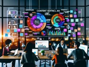 Drei Marketing-Profis in einem digital ausgeleuchteten Büro arbeiten konzentriert an Laptops und Tablets vor einem großen Dashboard mit datengetriebenem Content-Plan. An den Wänden hängen Post-its mit Personas und KPIs, Tech-Gadgets liegen auf dem Tisch, im Fenster spiegeln sich Stadtlichter.