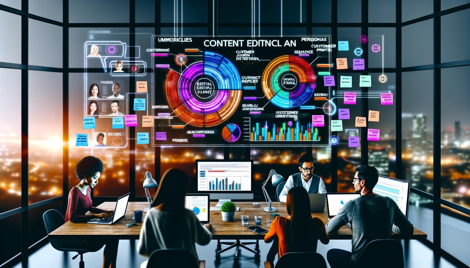 Drei Marketing-Profis in einem digital ausgeleuchteten Büro arbeiten konzentriert an Laptops und Tablets vor einem großen Dashboard mit datengetriebenem Content-Plan. An den Wänden hängen Post-its mit Personas und KPIs, Tech-Gadgets liegen auf dem Tisch, im Fenster spiegeln sich Stadtlichter.