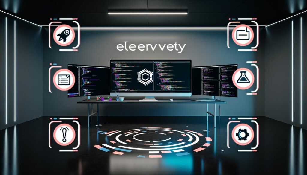 Modernes Creator-Workspace mit mehreren Monitoren, Eleventy im Fokus, umgeben von Symbolen für Schnelligkeit, Flexibilität, Sicherheit und einer abgehakten Checkliste.