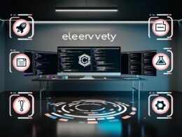 Modernes Creator-Workspace mit mehreren Monitoren, Eleventy im Fokus, umgeben von Symbolen für Schnelligkeit, Flexibilität, Sicherheit und einer abgehakten Checkliste.