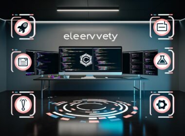 Modernes Creator-Workspace mit mehreren Monitoren, Eleventy im Fokus, umgeben von Symbolen für Schnelligkeit, Flexibilität, Sicherheit und einer abgehakten Checkliste.