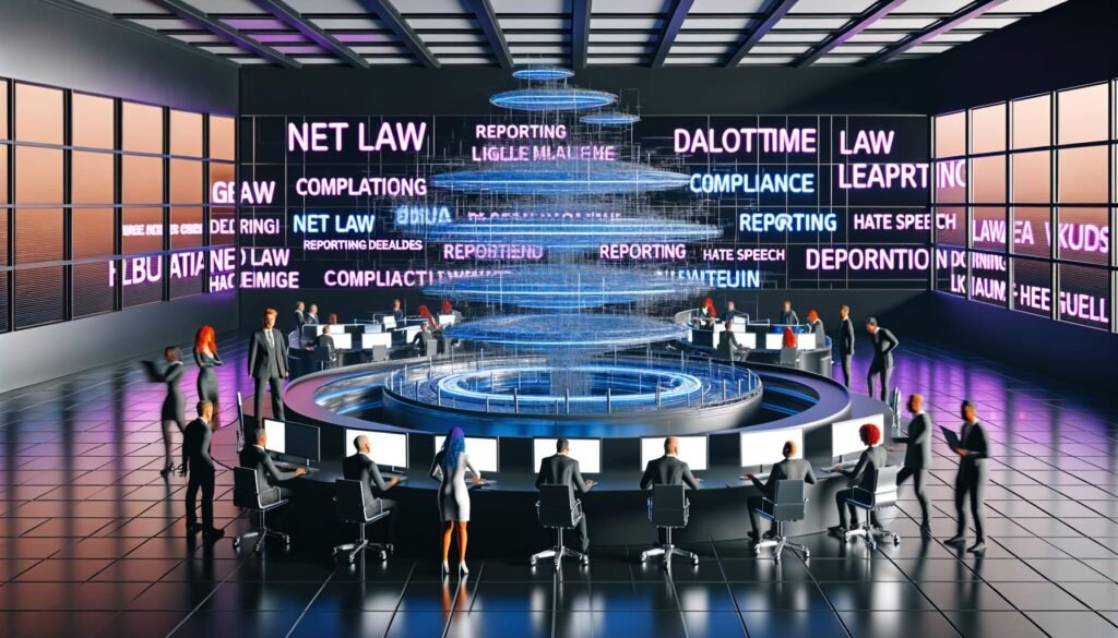 Futuristisches Großraumbüro mit Marketers, Juristen und Entwicklern vor riesigen Bildschirmen mit digitalen Workflows und leuchtenden Gesetzestafeln im Hintergrund.