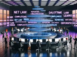 Futuristisches Großraumbüro mit Marketers, Juristen und Entwicklern vor riesigen Bildschirmen mit digitalen Workflows und leuchtenden Gesetzestafeln im Hintergrund.