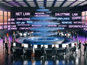 Futuristisches Großraumbüro mit Marketers, Juristen und Entwicklern vor riesigen Bildschirmen mit digitalen Workflows und leuchtenden Gesetzestafeln im Hintergrund.