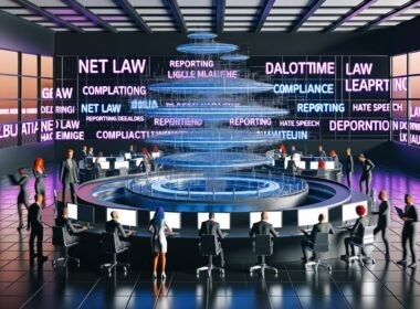 Futuristisches Großraumbüro mit Marketers, Juristen und Entwicklern vor riesigen Bildschirmen mit digitalen Workflows und leuchtenden Gesetzestafeln im Hintergrund.