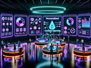 Modernes, neon-beleuchtetes Büro mit interaktiven Dashboards und holografischen Datenvisualisierungen, die fortschrittliche Content-Engagement-Metriken und personalisierte KPIs anzeigen.