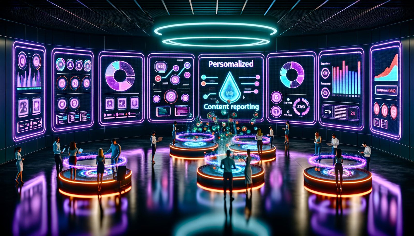 Modernes, neon-beleuchtetes Büro mit interaktiven Dashboards und holografischen Datenvisualisierungen, die fortschrittliche Content-Engagement-Metriken und personalisierte KPIs anzeigen.