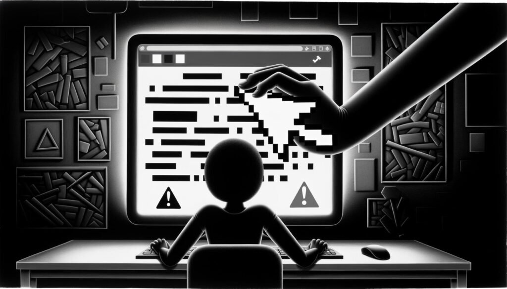 Graustufen-Illustration eines angespannten Nutzers am Computer, dessen Social-Media-Kommentar von Zensur-Icons und einem roten „Löschen“-Button bedroht wird.