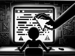 Graustufen-Illustration eines angespannten Nutzers am Computer, dessen Social-Media-Kommentar von Zensur-Icons und einem roten „Löschen“-Button bedroht wird.