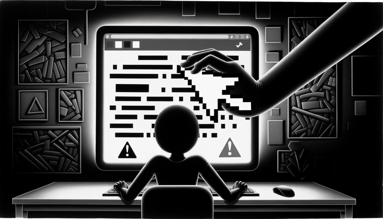 Graustufen-Illustration eines angespannten Nutzers am Computer, dessen Social-Media-Kommentar von Zensur-Icons und einem roten „Löschen“-Button bedroht wird.