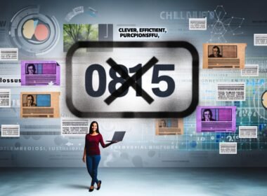 Moderne Person mit Laptop hebt sich vor durchgestrichener 0815-Schablone und verblassenden Zeitungsfetzen ab, während bunte, individualisierte Inhalte und digitale Datenströme im Hintergrund zu sehen sind.