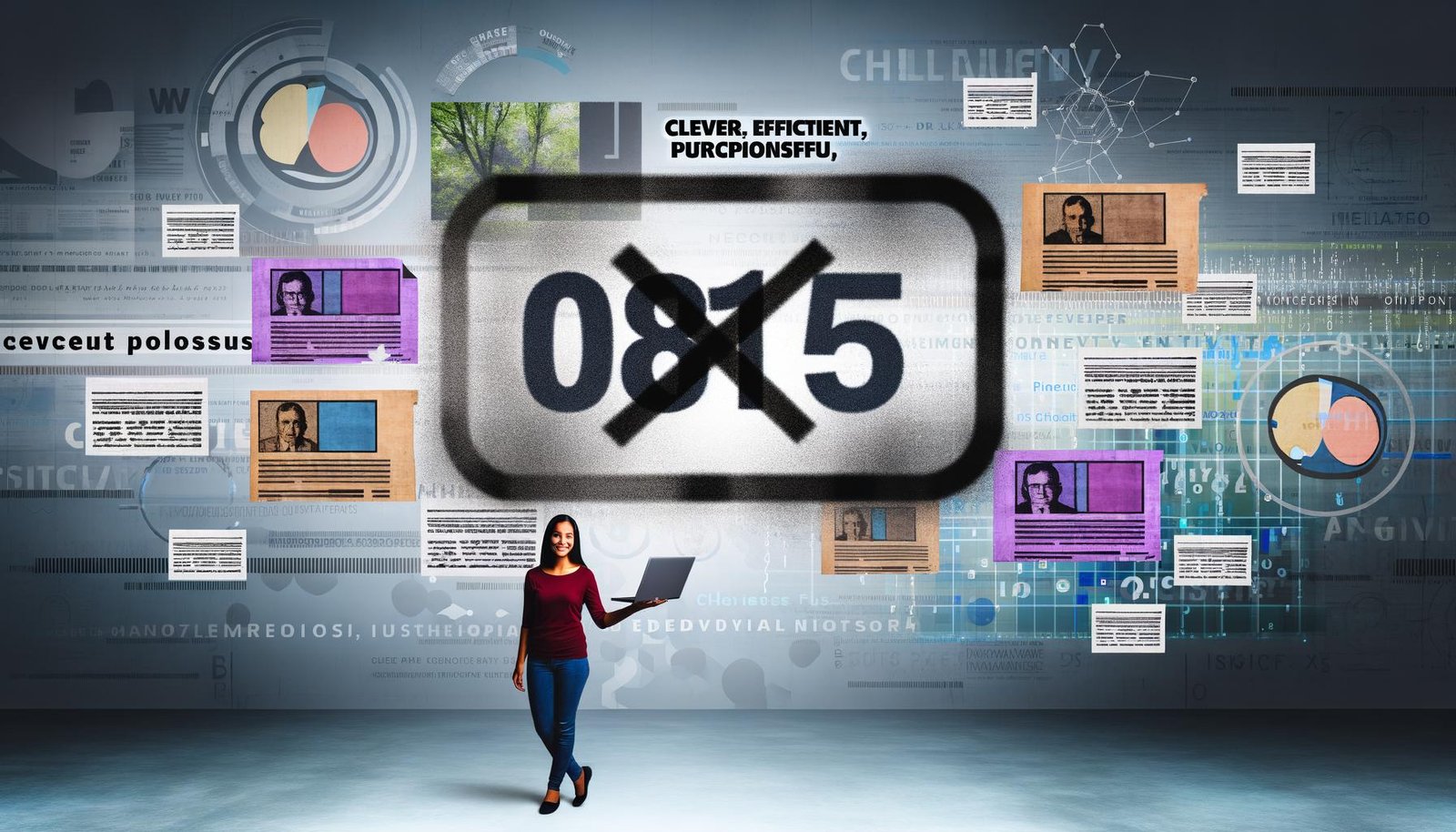 Moderne Person mit Laptop hebt sich vor durchgestrichener 0815-Schablone und verblassenden Zeitungsfetzen ab, während bunte, individualisierte Inhalte und digitale Datenströme im Hintergrund zu sehen sind.