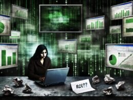 Marketer vor großen Bildschirmen voller Datenströme, Balkendiagramme und grüner KPIs, mit fließenden Daten zu Plattform-Logos wie Google, Meta und TikTok, nachdenklicher Gesichtsausdruck, unscharfe PowerPoint-Grafiken im Hintergrund, Zettel mit 'ROI?' im Vordergrund