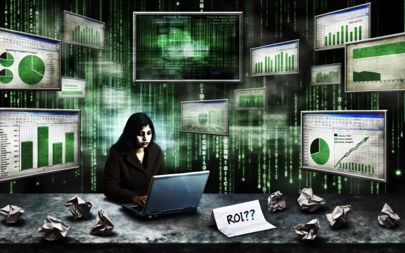 Marketer vor großen Bildschirmen voller Datenströme, Balkendiagramme und grüner KPIs, mit fließenden Daten zu Plattform-Logos wie Google, Meta und TikTok, nachdenklicher Gesichtsausdruck, unscharfe PowerPoint-Grafiken im Hintergrund, Zettel mit 'ROI?' im Vordergrund