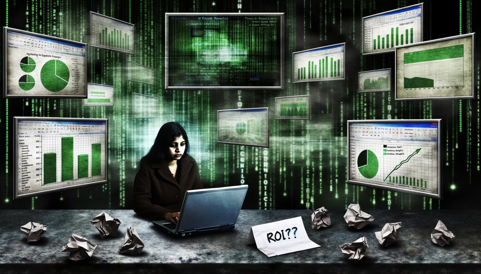 Marketer vor großen Bildschirmen voller Datenströme, Balkendiagramme und grüner KPIs, mit fließenden Daten zu Plattform-Logos wie Google, Meta und TikTok, nachdenklicher Gesichtsausdruck, unscharfe PowerPoint-Grafiken im Hintergrund, Zettel mit 'ROI?' im Vordergrund