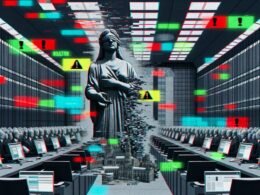 Illustration eines teils verpixelten Bundestags mit Social-Media-Elementen, im Mittelpunkt eine große Justizia-Statue, die einen Löschen-Button drückt, umgeben von Server-Racks und Silhouetten von Plattformbetreibern und Staatsdienern.