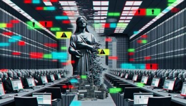 Illustration eines teils verpixelten Bundestags mit Social-Media-Elementen, im Mittelpunkt eine große Justizia-Statue, die einen Löschen-Button drückt, umgeben von Server-Racks und Silhouetten von Plattformbetreibern und Staatsdienern.