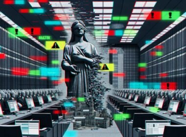 Illustration eines teils verpixelten Bundestags mit Social-Media-Elementen, im Mittelpunkt eine große Justizia-Statue, die einen Löschen-Button drückt, umgeben von Server-Racks und Silhouetten von Plattformbetreibern und Staatsdienern.