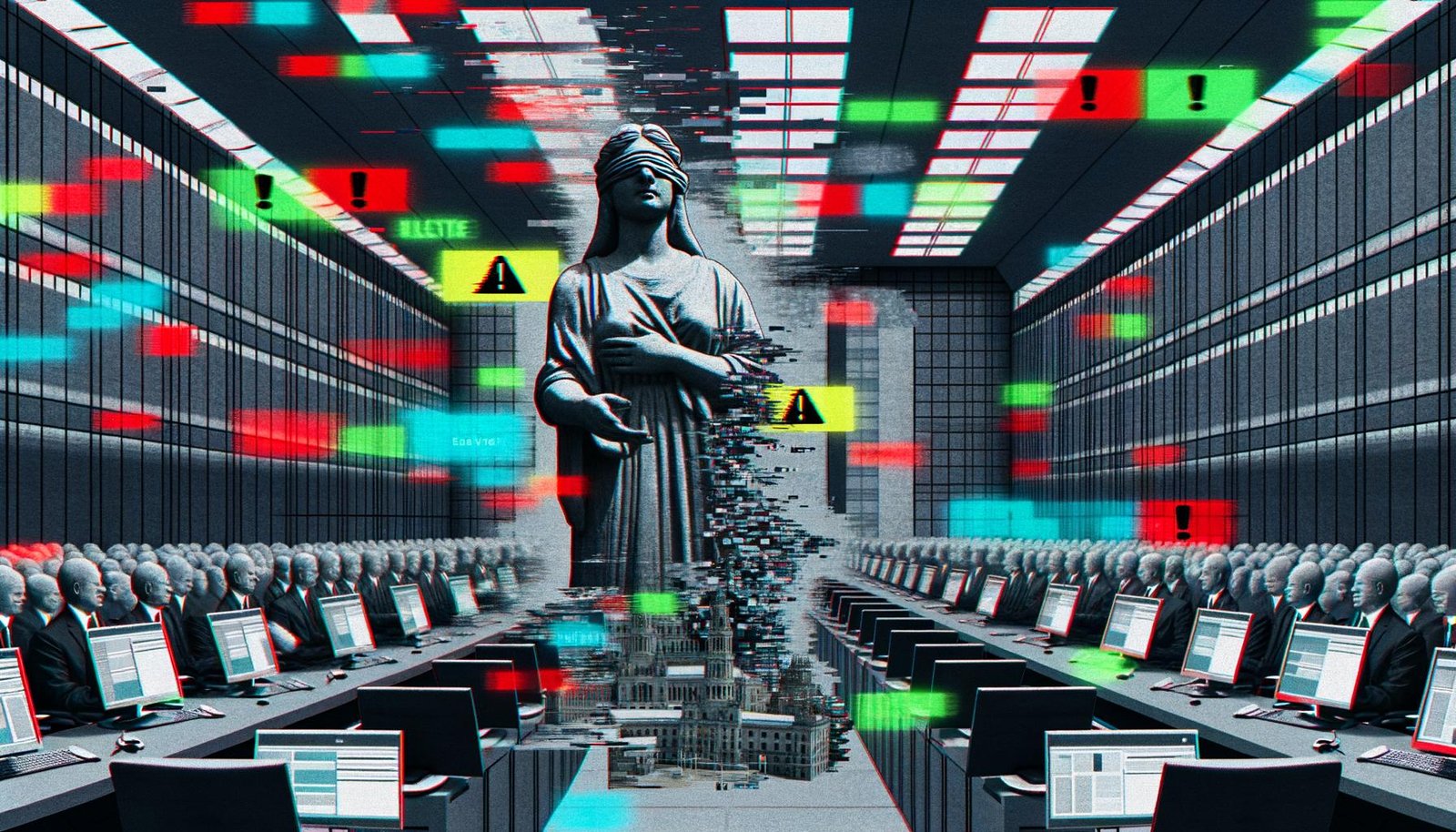 Illustration eines teils verpixelten Bundestags mit Social-Media-Elementen, im Mittelpunkt eine große Justizia-Statue, die einen Löschen-Button drückt, umgeben von Server-Racks und Silhouetten von Plattformbetreibern und Staatsdienern.