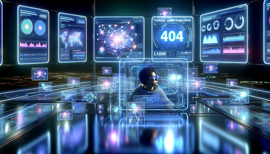 Ultra-moderner Kontrollraum bei Nacht mit Marketing-Analyst und schwebenden Tracking-Symbolen vor farbigen Dashboards, 404-Motiv im Hintergrund