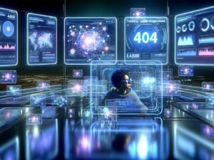 Ultra-moderner Kontrollraum bei Nacht mit Marketing-Analyst und schwebenden Tracking-Symbolen vor farbigen Dashboards, 404-Motiv im Hintergrund