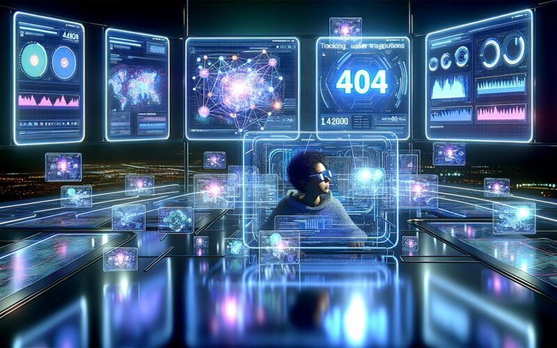 Ultra-moderner Kontrollraum bei Nacht mit Marketing-Analyst und schwebenden Tracking-Symbolen vor farbigen Dashboards, 404-Motiv im Hintergrund