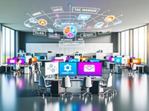 Digitales Marketing-Office mit Dashboards, Tag-Manager, API-Schnittstellen und Consent-Popups sowie serverseitigem Tracking, effizienten Tech-Profis und bunten Datenströmen.