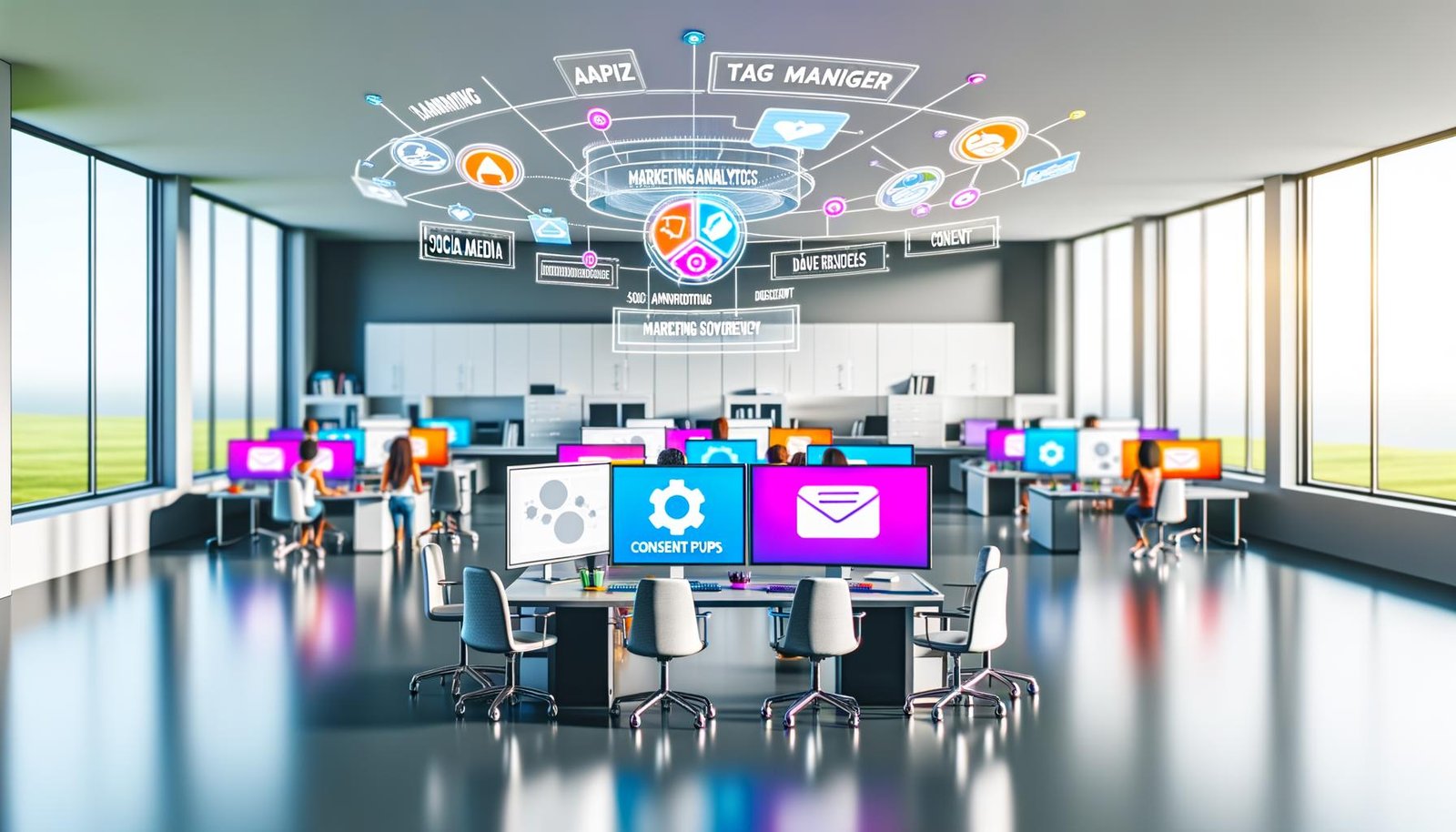 Digitales Marketing-Office mit Dashboards, Tag-Manager, API-Schnittstellen und Consent-Popups sowie serverseitigem Tracking, effizienten Tech-Profis und bunten Datenströmen.