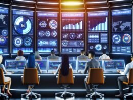 Futuristischer Kontrollraum mit diversen Marketingexperten, die Live-Daten und KPIs auf dynamischen Dashboards aus mehreren Werbeplattformen analysieren.