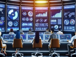 Futuristischer Kontrollraum mit diversen Marketingexperten, die Live-Daten und KPIs auf dynamischen Dashboards aus mehreren Werbeplattformen analysieren.