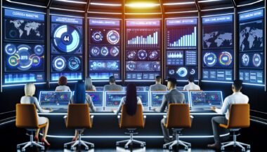 Futuristischer Kontrollraum mit diversen Marketingexperten, die Live-Daten und KPIs auf dynamischen Dashboards aus mehreren Werbeplattformen analysieren.