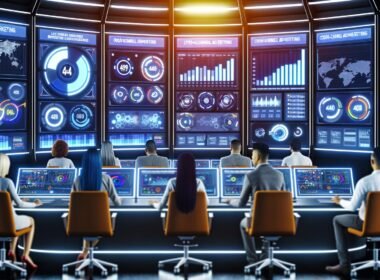 Futuristischer Kontrollraum mit diversen Marketingexperten, die Live-Daten und KPIs auf dynamischen Dashboards aus mehreren Werbeplattformen analysieren.