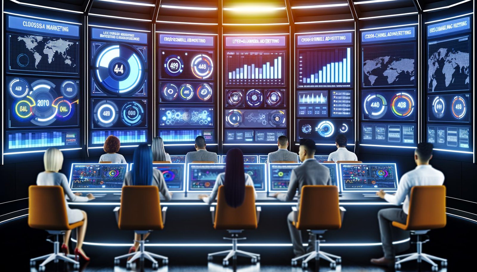 Futuristischer Kontrollraum mit diversen Marketingexperten, die Live-Daten und KPIs auf dynamischen Dashboards aus mehreren Werbeplattformen analysieren.