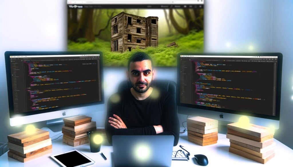Selbstbewusster Entwickler vor Monitoren mit Code-Editoren und Eleventy-Frontend, im Hintergrund ein unscharfes, überwuchertes WordPress-Dashboard.